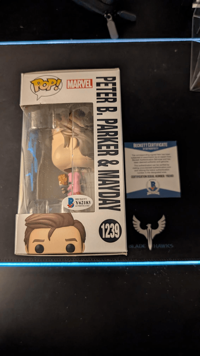 Funko Pop Marvel Spider-Man Across the Spider-verse Peter B Parker & Mayday signed by Jake Johnson with Beckett COA 