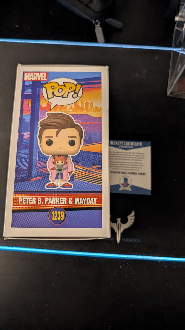 Funko Pop Marvel Spider-Man Across the Spider-verse Peter B Parker & Mayday signed by Jake Johnson with Beckett COA 