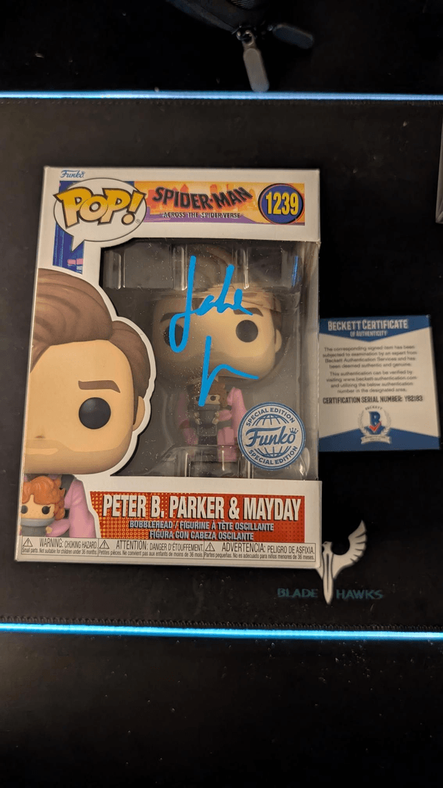 Funko Pop Marvel Spider-Man Across the Spider-verse Peter B Parker &amp; Mayday signed by Jake Johnson with Beckett COA 