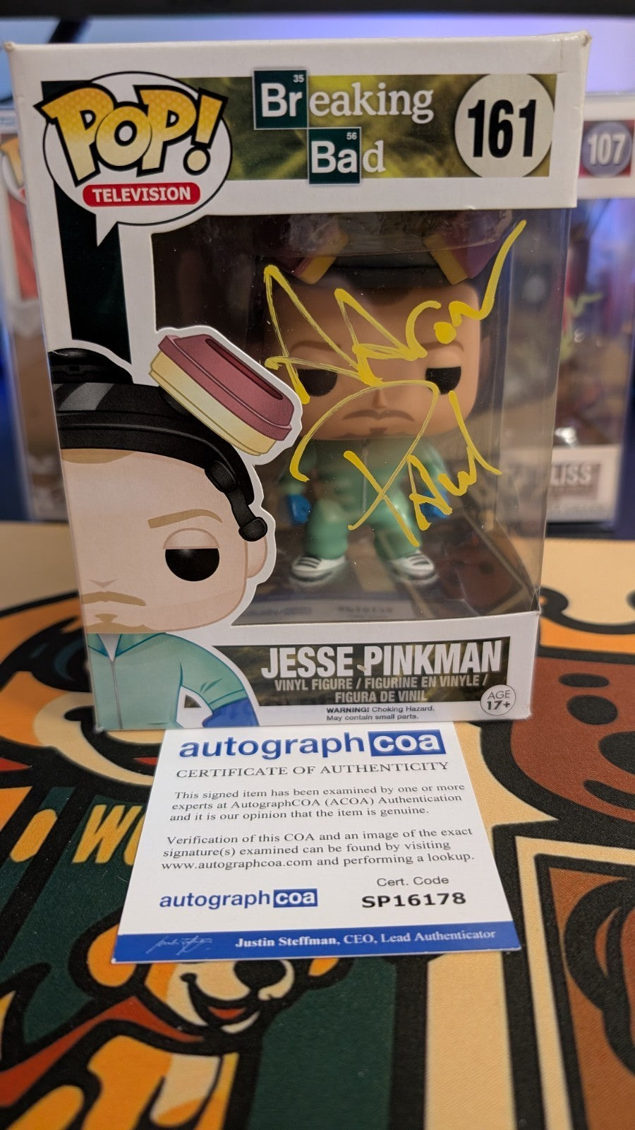 Aaron Paul Signed Jesse Pinkman Funko Pop Breaking Bad 161 Green Suit ACOA