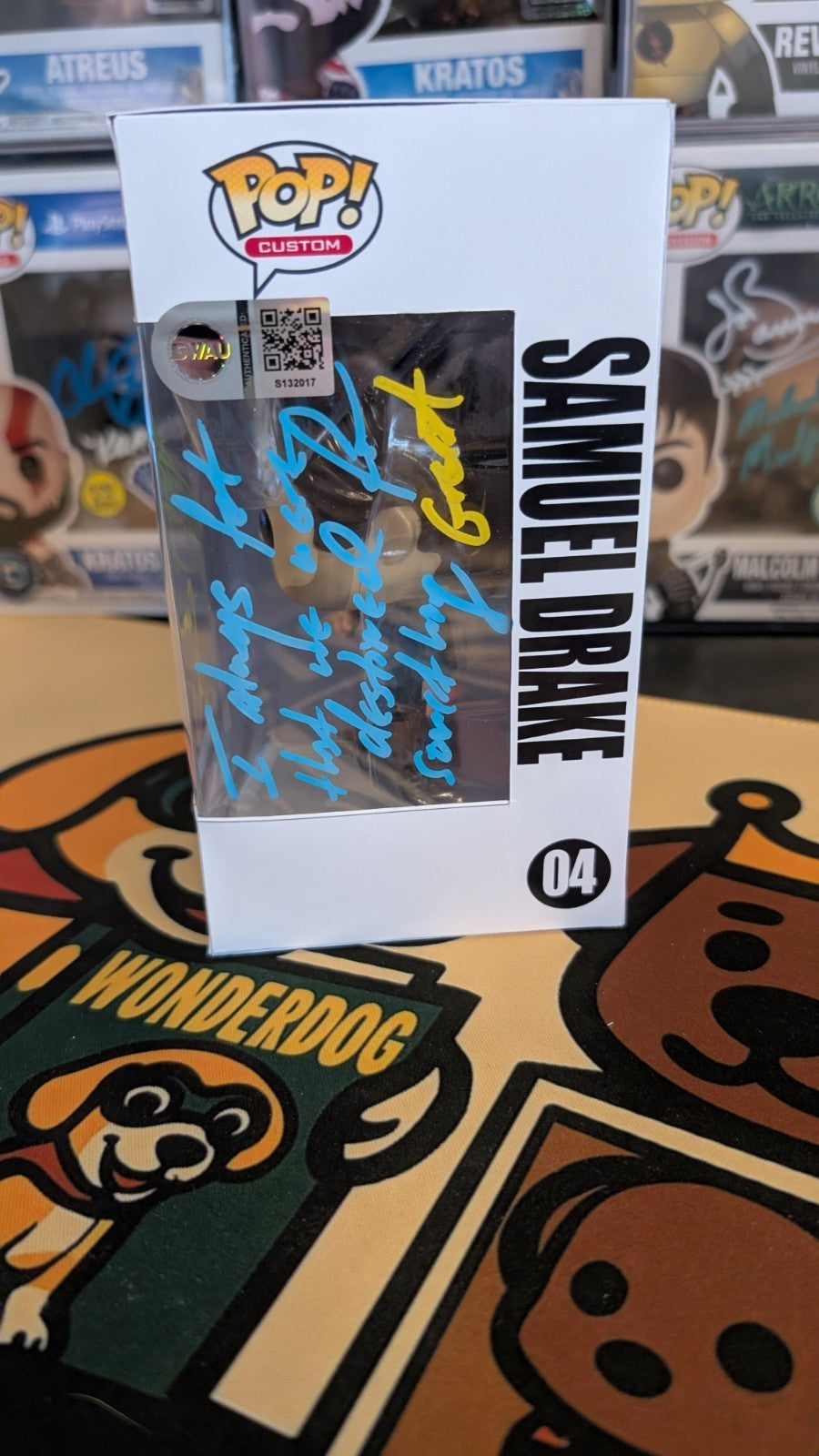 Custom Funko Pop Uncharted 4 Samuel Drake Signed by Troy Baker with Quote & SWAU